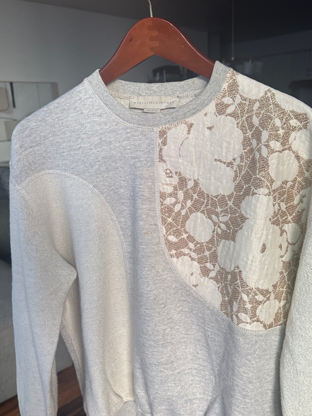 Stella McCartney Light Bricolage Sweatshirt - Gray Sweater with Cream Lace Panel